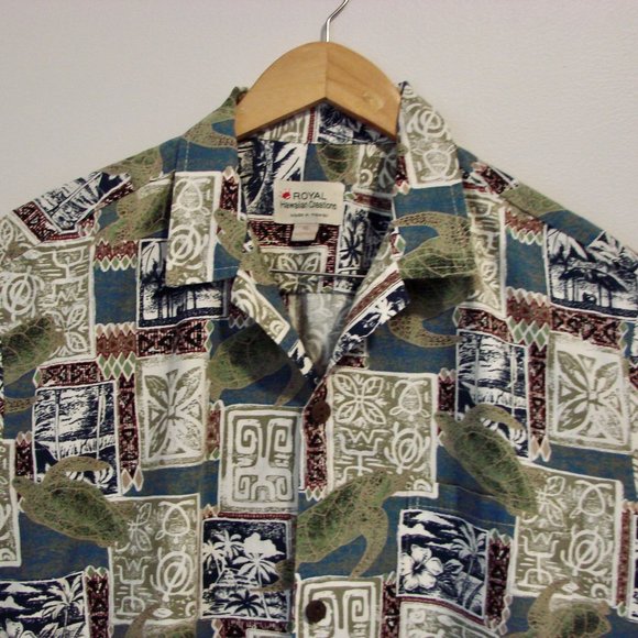 Hawaiian Short Sleeve Shirt Turtles Palm Trees Blue Green Made in Hawaii Size XL - Picture 2 of 12